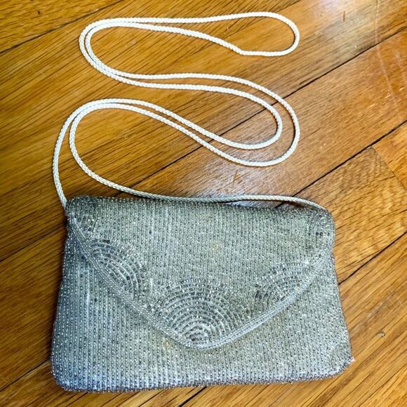 Vintage Andre Cellini Silver Beaded purse with Satin Rope Strap - Picture 9 of 16